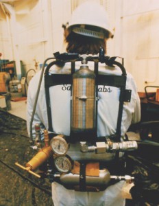 Back-pack for sticky foam dispenser Experimental crowd control: Riot foam