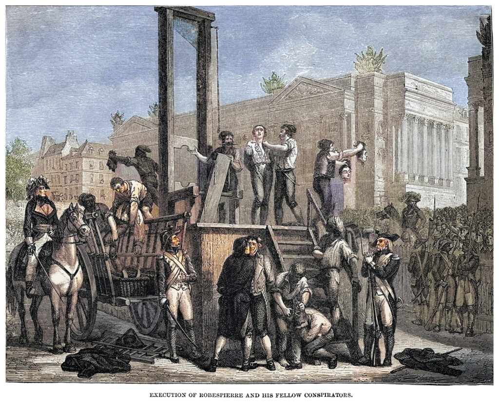 An illustration of Maximilien de Robespierre and his fellow conspirators being executed via guillotine in 1794