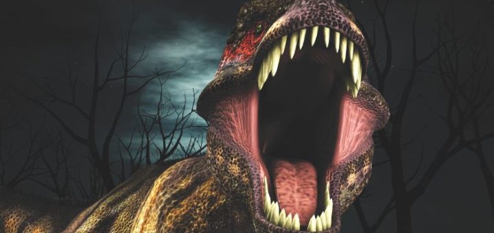 A T-rex roars ferociously at the viewer